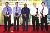 The proud recipients of the Presidents Social Service Award that was jointly organised by MCYS and the NCSS Volunteer Circle are (from left) Dr Henry Tay, Executive Chairman, The Hour Glass, Mr Ho Kum Chiew, Chairman, Kreta Ayer Volunteers Service Group, President S R Nathan, Mr Lee Bock Guan, Chairman, Singapore Buddhist Lodge & Mr Tan Kian Chew, CEO, NTUC Fairprice Co-operative.