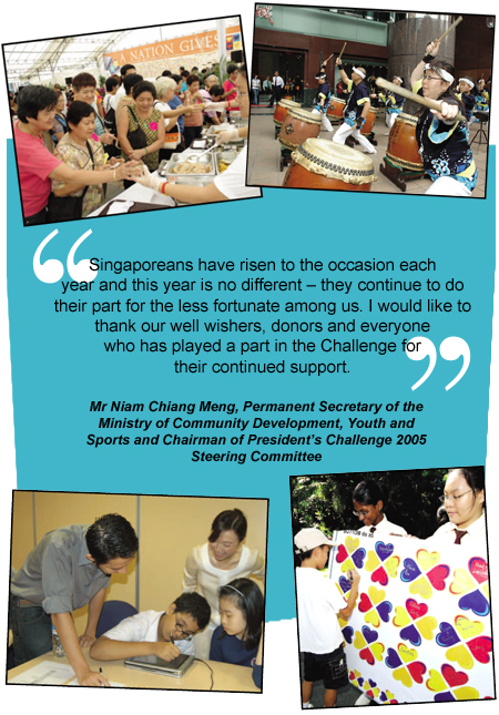 (Top) A Nation Gives event at Ngee Ann Civic Plaza. (Left) HP tablet PC workshop for the Spastic Children's Association of Singapore. (Right) Heartbus at the PC2005 launch.